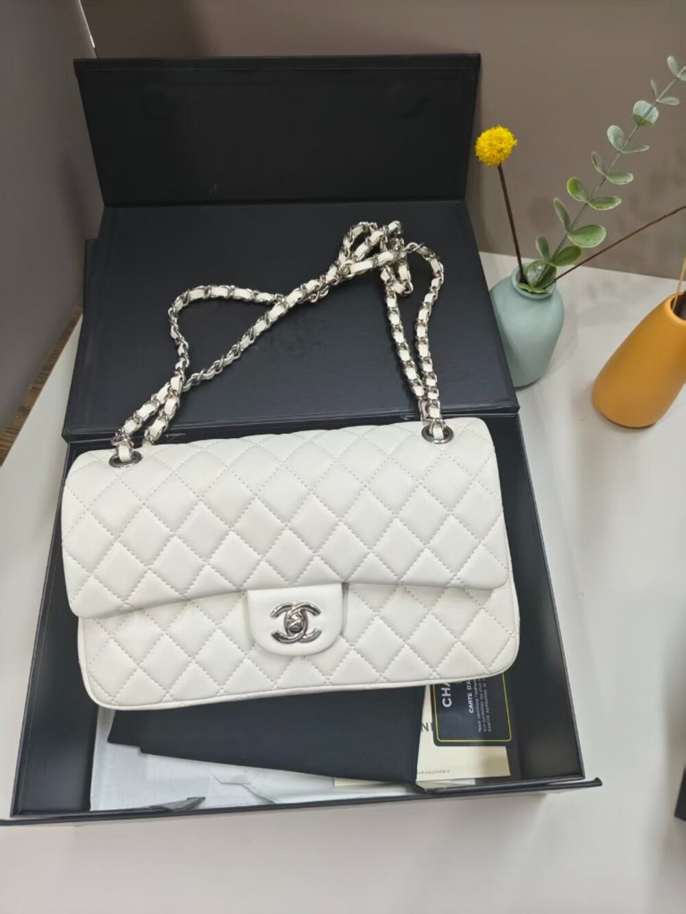 Chanel Classic Flap White Lambskin Silver Chain Crossbody Shoulder Bag